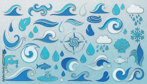 Nautical themed elements featuring waves, rain, compass, fish, and shells evoke a serene coastal mood perfect for travel, weather or oceanographic projects