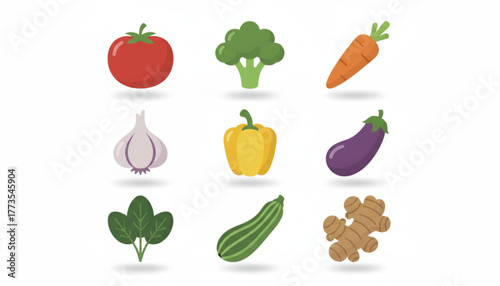 Vibrant garden harvest of fresh vegetables for healthy eating and lifestyle promotions, featuring tomato, broccoli, carrot, garlic, pepper, eggplant, spinach, zucchini, ginger