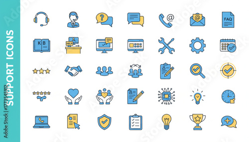 Versatile support icon set perfect for websites, apps, and presentations illustrating customer service, help desk, and technical assistance with modern style