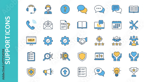 Comprehensive support and assistance icons for business, technology, and customer service needs, delivering modern solutions and reliable communication online