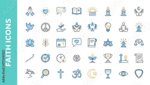 Spiritual journey icons for inner peace and mindful living, embrace faith, religion, and hope with these vector symbols of belief and inspiration