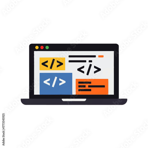 Flat vector icon of a laptop computer with programming code on the screen, representing web development, software engineering, and front-end coding