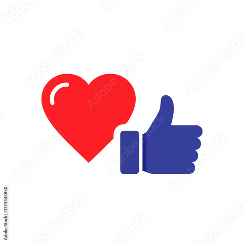A flat minimal 2D vector illustration of a red heart and a blue thumbs-up icon, symbolizing social media likes, love, and approval