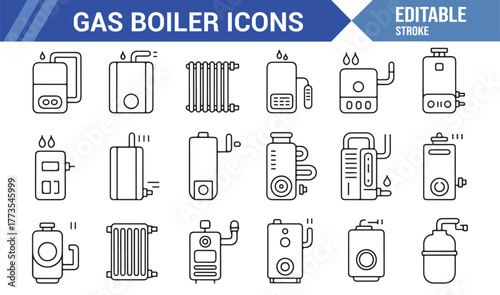 "Outline Heating Icons – Gas Boilers, Radiators, and Temperature Control Line Art Collection"