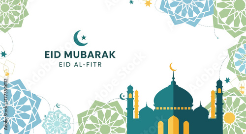 Eid Mubarak Mosque Silhouette with Geometric Patterns and Crescent Moon.