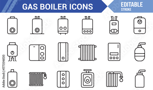 "Heating Appliance Icons – Editable Stroke Vector Pack for Energy and Plumbing Design"