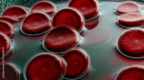 Vibrant red blood cells flow dynamically in a clear liquid, showcasing cellular life and medical research concepts for science and health content.. Ai generative video