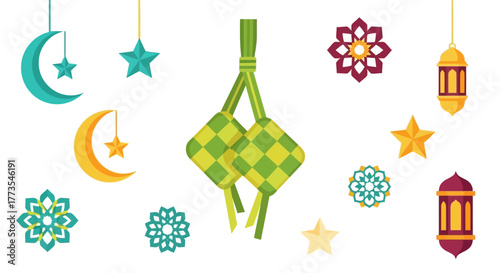 Festive Islamic Decorations Moons Stars Lanterns and Ketupat.