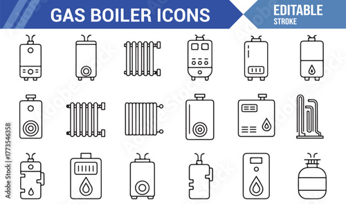 "Editable Gas Boiler Icon Set – Minimal Line Art of Heating Systems, Radiators, and Water Heaters"