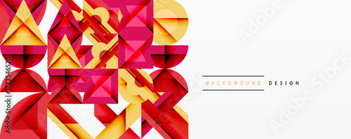 Abstract geometric shapes, vibrant colors, modern design. Red, yellow tones dominate composition, clean white space present.