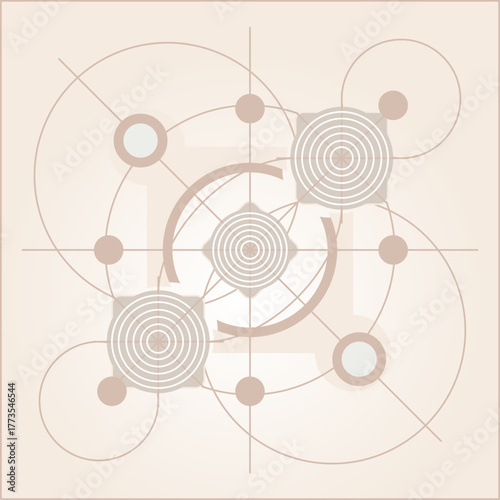 Abstract geometric composition with circles, arrows, and connecting lines. Soft beige color palette and symmetrical layout create a modern, minimalist, and futuristic design suitable for backgrounds a