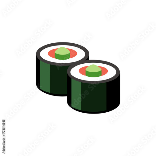 Isometric vector illustration of two japanese maki sushi rolls, showing nori, rice, and colorful filling, representing traditional asian cuisine and restaurant meals, clean design element