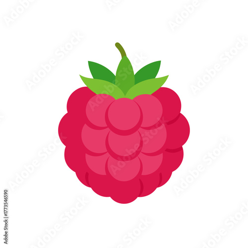 A vibrant digital illustration of a single ripe pink raspberry fruit with green leaves and stem, representing summer freshness and healthy eating. this stylized flat design vector icon.