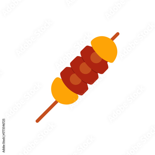 Simple flat style icon of a meat skewer or shish kebab appetizer featuring brown meat chunks and orange vegetable pieces isolated on a clean white background vector illustration