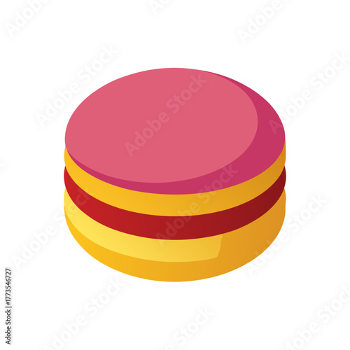 A digitally rendered isometric illustration of a sweet french macaron cookie with pink, yellow, and red layers, representing gourmet confectionery and dessert snacks.