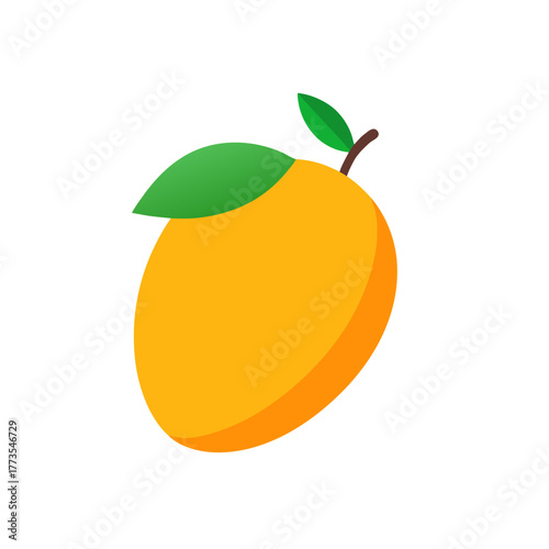Simplified vector illustration of a ripe mango fruit with vibrant orange skin and a green leaf on top, representing tropical food, healthy eating, juice, and summer flavor.