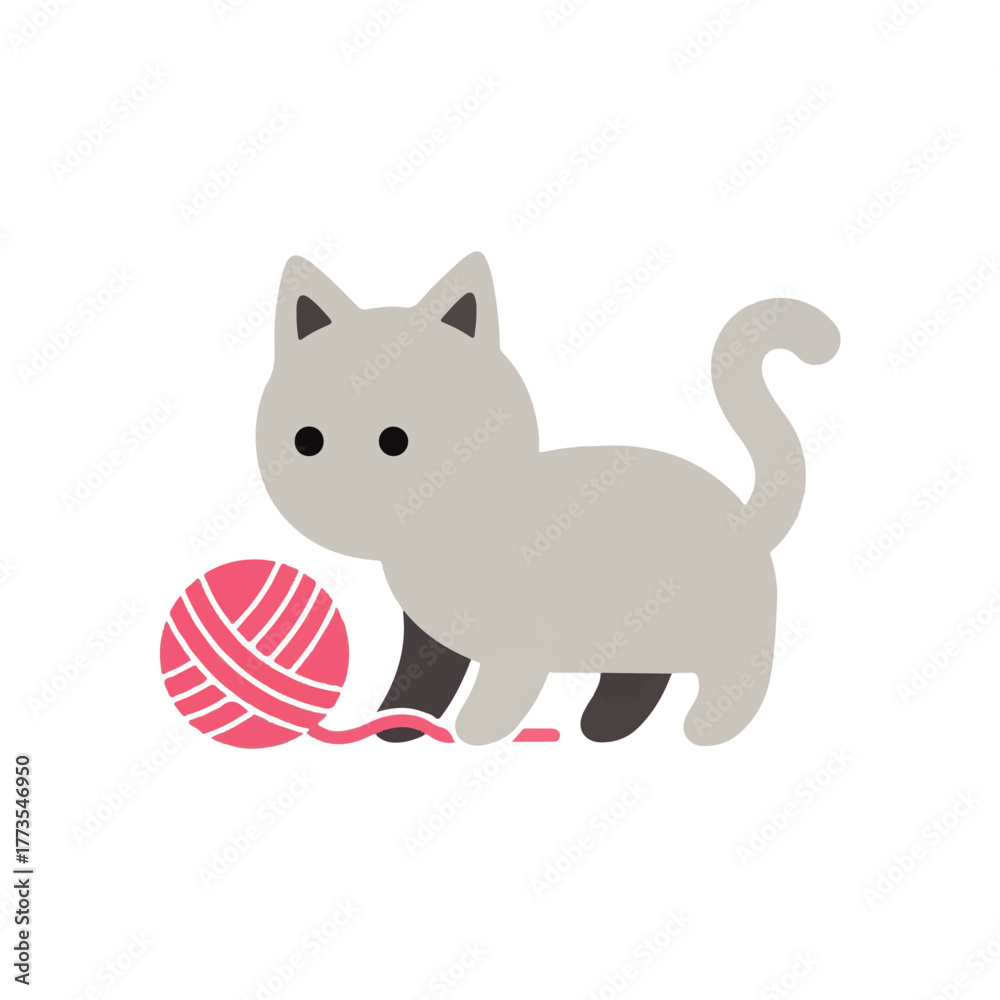 Fototapeta premium Cute gray kitten playing with a pink ball of yarn, a simple flat minimal 2D vector icon illustration isolated on a white background