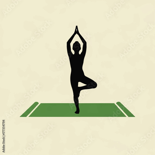 Flat 2D vector icon of a person performing the tree pose in yoga, a minimalist silhouette design symbolizing balance, health, and tranquility