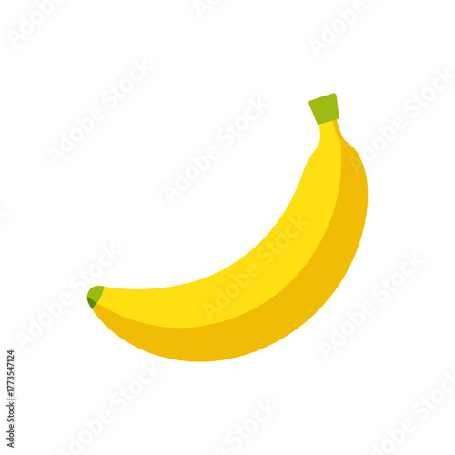 A bright yellow ripe single banana fruit vector illustration isolated on a clean white background simple flat design style tropical snack healthy food nutritional source element