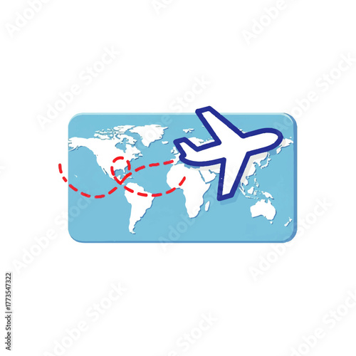 Airplane journey across a world map, a flat minimal vector icon representing global transport, flight routes, and international vacation travel
