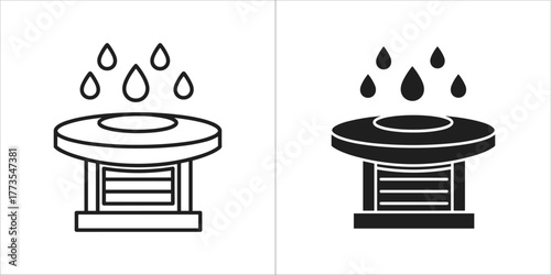 Water fountain or sprinkler head with falling water drops, line art and silhouette on