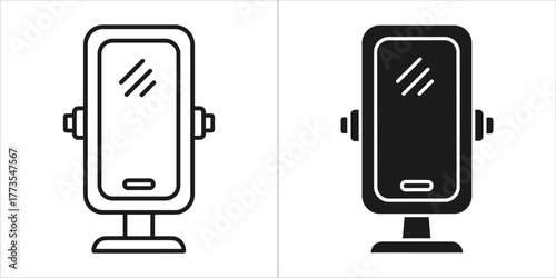 Two icons of a freestanding mirror, one outline and one solid black, on a