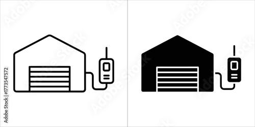 Two icons of a garage door with a remote opener, one outline and one solid black, on a