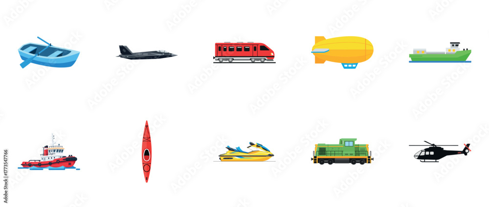Fototapeta premium Different modes of transportation: boats, aircraft, trains, and vehicles illustrations