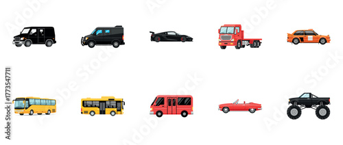 Diverse collection of vehicles: trucks, buses, cars, van, monster truck