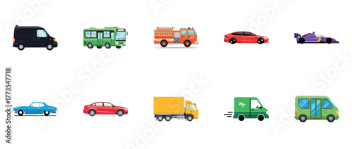 Variety of vehicles: vans, buses, fire trucks, sports cars, and delivery trucks