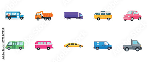 Colorful variety of vehicles on white background: bus, truck, van, car, limousine, camper