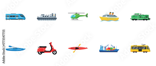 Various modes of transportation icons: plane, ship, train, helicopter, and more