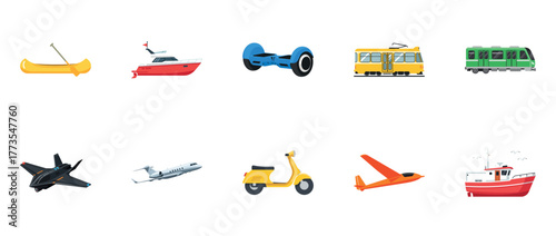 Various modes of transport: canoe, yacht, hoverboard, tram, train, jet, plane, scooter, glider, boat