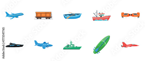 Various modes of transportation: airplane, boat, train, drone, yacht, helicopter, surfboard, battleship