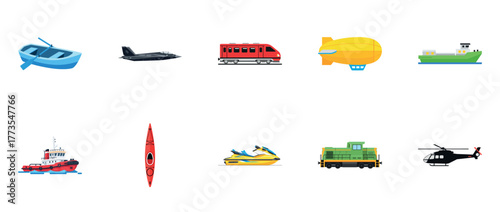 Different modes of transportation: boats, aircraft, trains, and vehicles illustrations