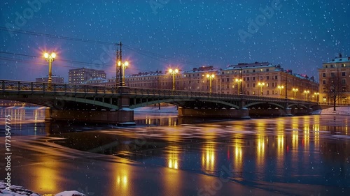 Stunning winter night scene with a snow-covered bridge and glowing lampposts reflecting on a frozen river. Ai generative video