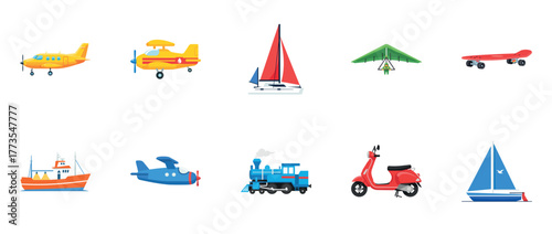 Various modes of transportation: airplanes, boats, hang glider, scooter, train, skateboard