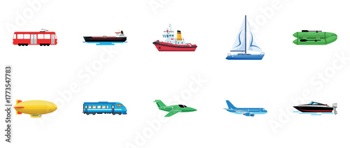 Various modes of transportation: bus, ship, yacht, boat, airship, train, jet, airplane