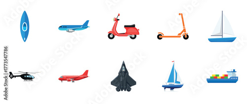 Various modes of transportation: planes, boats, scooters, and helicopters