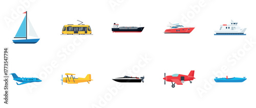 Collection of various transportation vehicles: sailboat, tram, ships, planes, and boat