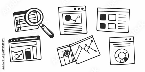Hand drawn data analysis elements including charts graphs and a magnifying glass in black and white style on transparent background