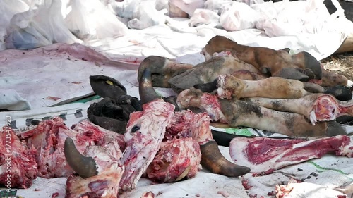 Cow parts prepared for meat distribution during Eid al-Adha in Indonesia