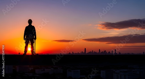 Silhouette of a man walking on the beach at sunset with an orange sky