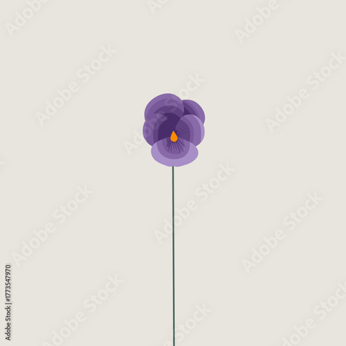 Purple pansy flower illustration with gradient petals and orange center on light background in soft minimal style