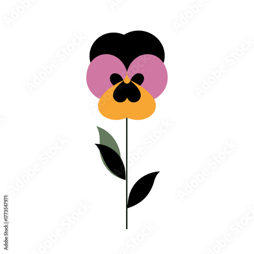 Geometric pansy flower illustration with black, pink, and yellow petals and green leaves in bold minimal vector art style