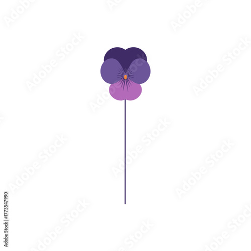 Simple purple pansy flower illustration with gradient petals on white background in modern minimal vector style