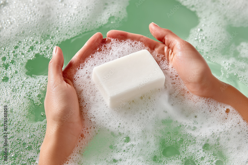 Fototapeta premium Hands hold a bar of white soap over foamy water in the bath