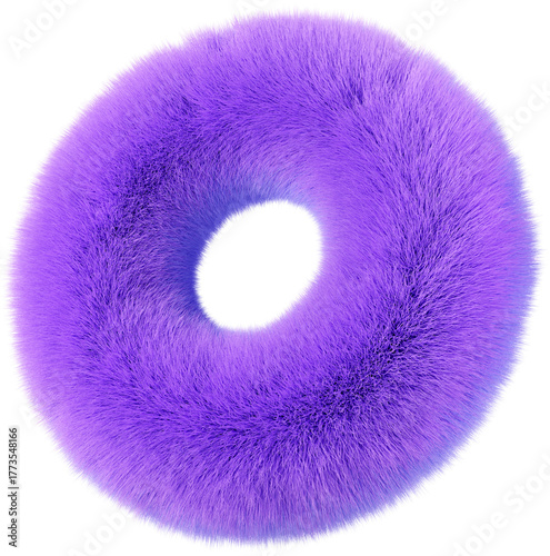 3D Playful purple torus furry shape, creative graphic abstract fur form, isolated clipart. Render of geometric modern y2k illustration