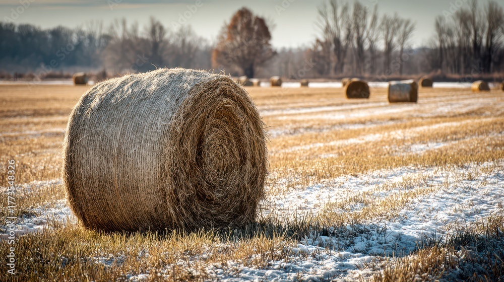 Fototapeta premium Arkansas Winter: Seasonal Feed for Hay Bale in the Frosty Pasture Field
