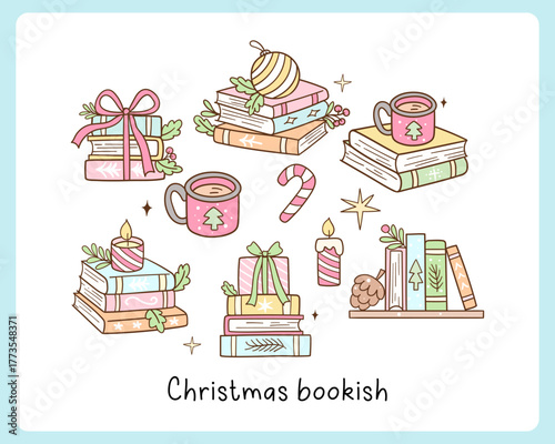 Draw vector collection christmas bookish Book lover Cozy reader Doodle cartoon